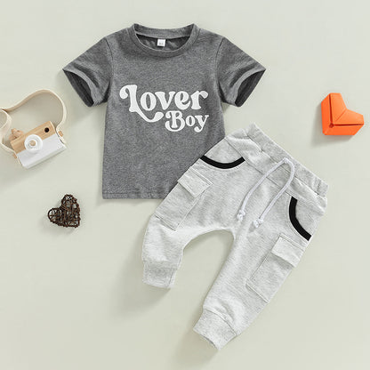 Baby Boy Short Sleeve Monogram Print T-shirt Gray Clothing Set