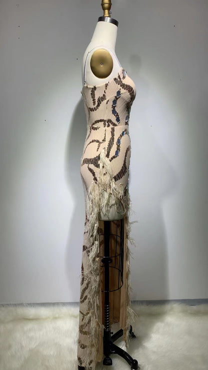 Backless Elegant Sequined Tight Split Feather Dress