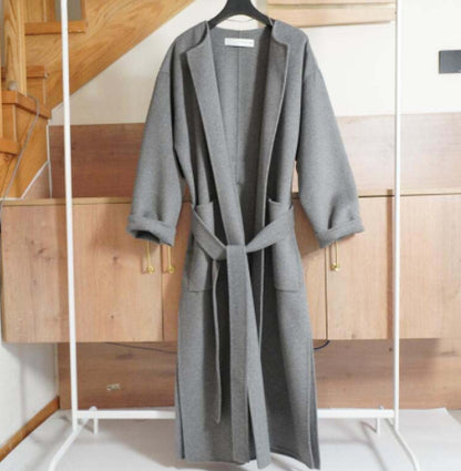 Gray Collarless Loose Side Slit Belt Lace-up Long Lazy Woolen Coat