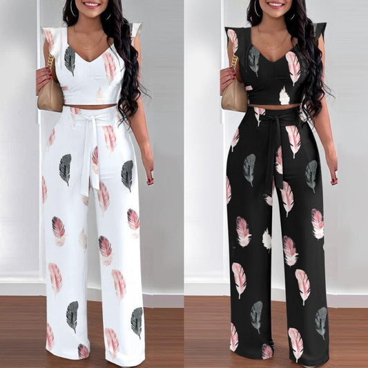 Monsoon Temperament Women's Printed Polyester Trousers Sleeveless Fashion Casual Set