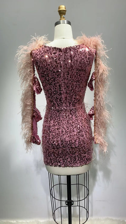 Slimming Long Sleeves Sequined Low-cut Tight-fitting High-end Feather Dress