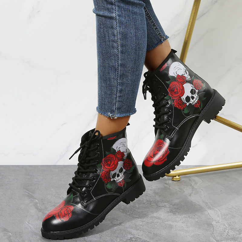 Shoes Rose Flower Print Lace-up Ankle Boots Women