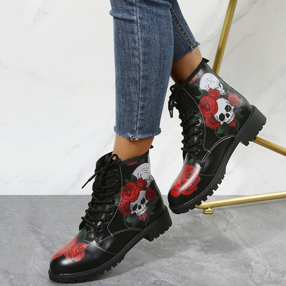 Shoes Rose Flower Print Lace-up Ankle Boots Women