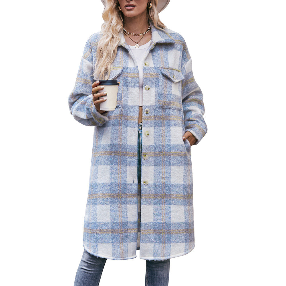 Printed Mid-length Coat Mohair Plaid Wool Coat