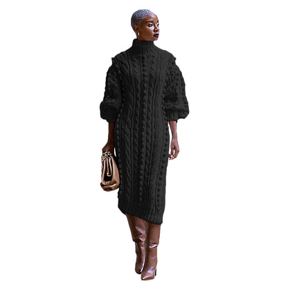 Women's Clothing Casual Turtleneck Slit Knitted Long Dress