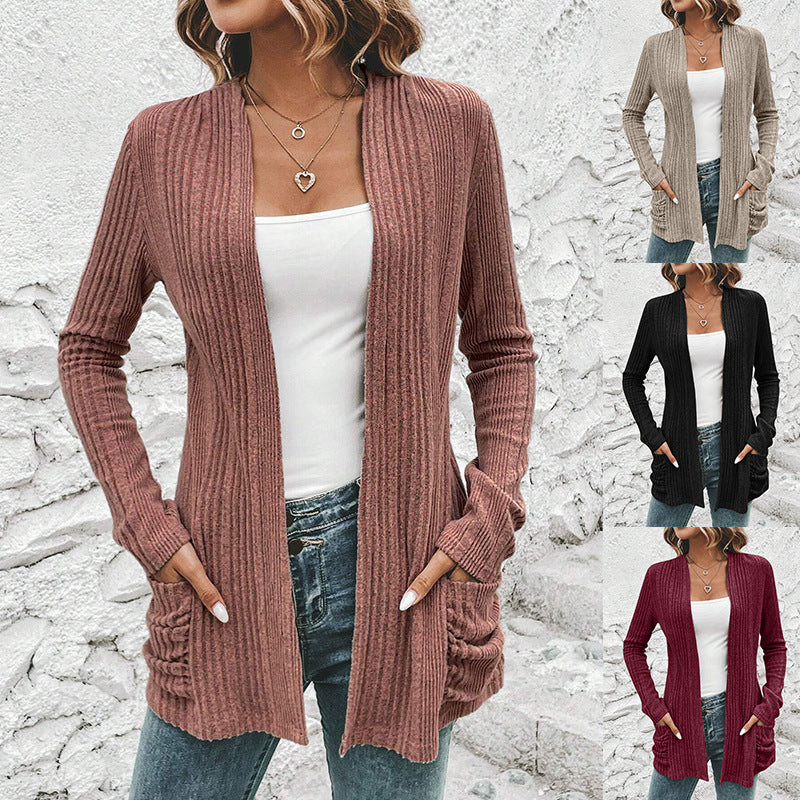 Long Sleeve Solid Color Mid-length Women Knitted Cardigan Sweater