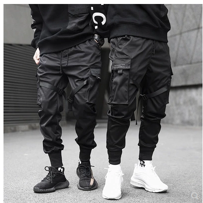 Men Black Cargo Elastic Waist Jogger Trousers Pants