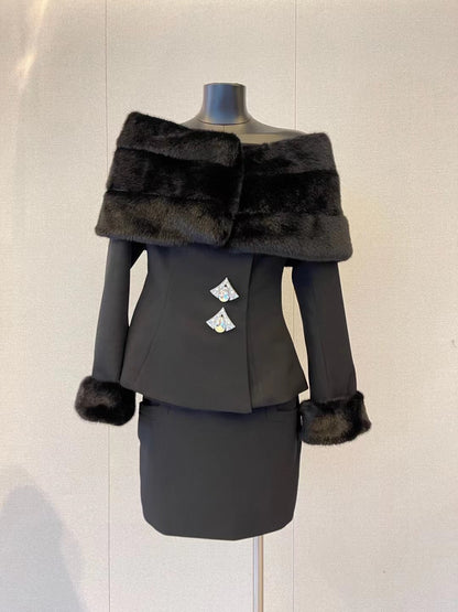Fashionable Socialite Temperament Off-shoulder Fur Short Coat Skirt