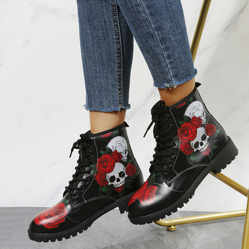 Shoes Rose Flower Print Lace-up Ankle Boots Women