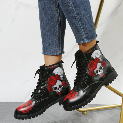 Shoes Rose Flower Print Lace-up Ankle Boots Women