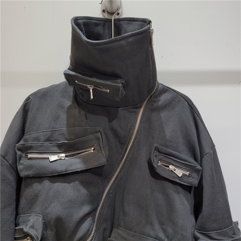 Oblique Zipper Multi-pocket Thickened Keep Warm High Waist Cotton Coat Jacket