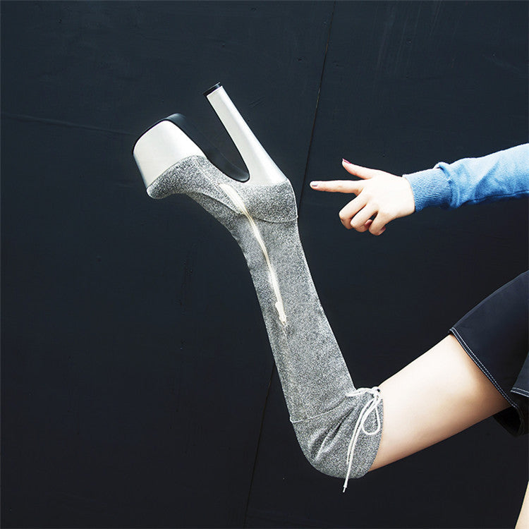 Women Thigh High Sequined Cloth Long Boots