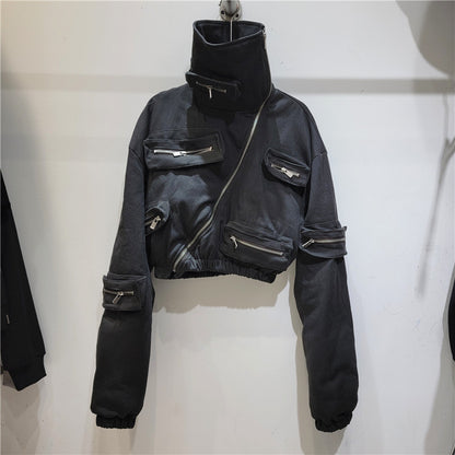 Oblique Zipper Multi-pocket Thickened Keep Warm High Waist Cotton Coat Jacket