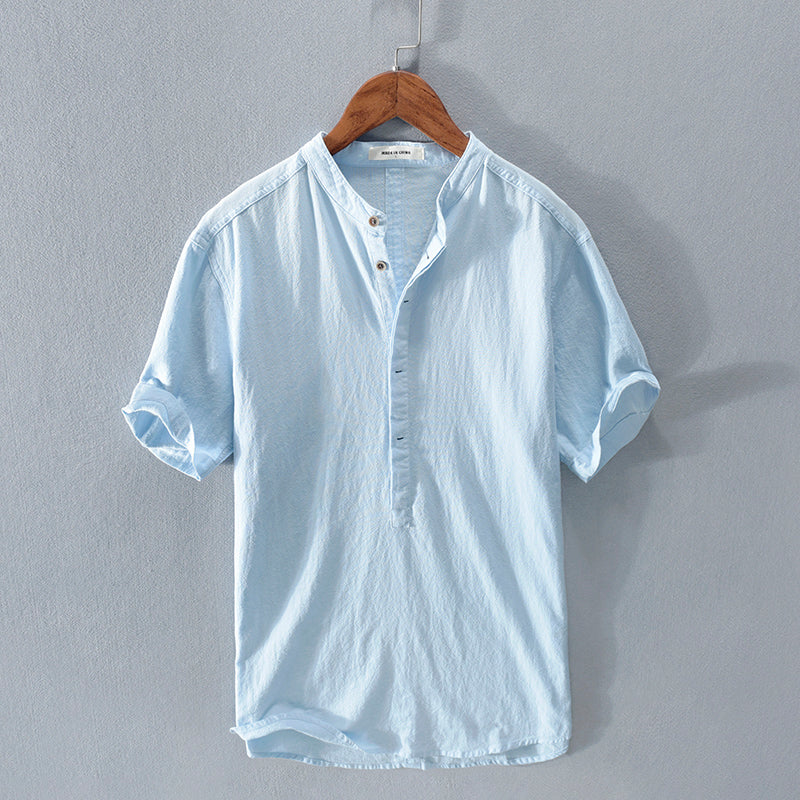Men's Stand Collar Ice Silk Linen Short Sleeve T-shirt