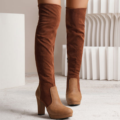 Women Elastic Suede High Square Heel Over-the-knee Boots