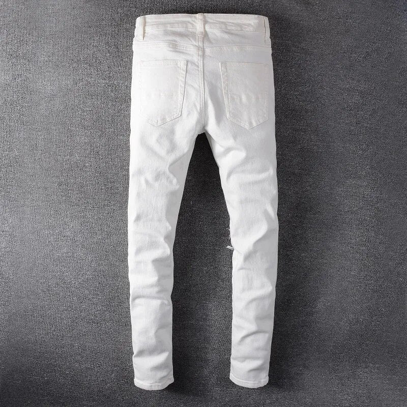 Men's White Crystal Holes Ripped Slim Skinny Jeans
