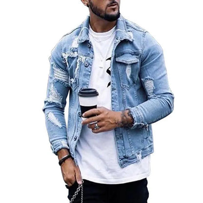 Men Denim Hole Ripped Jeans Jacket