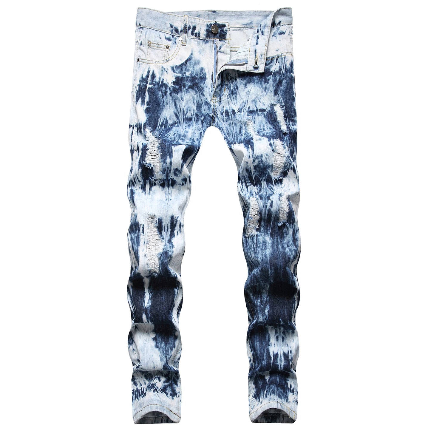 Men’s High Quality Tie-dyed Blue Jeans Slim-fit Ripped Jeans