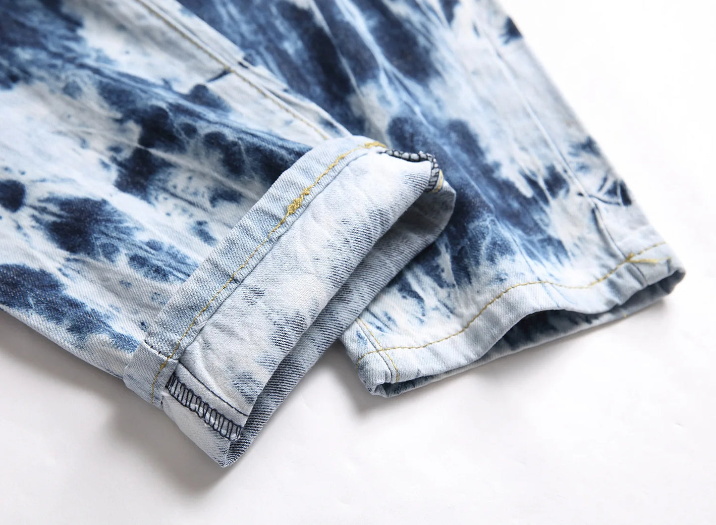 Men’s High Quality Tie-dyed Blue Jeans Slim-fit Ripped Jeans