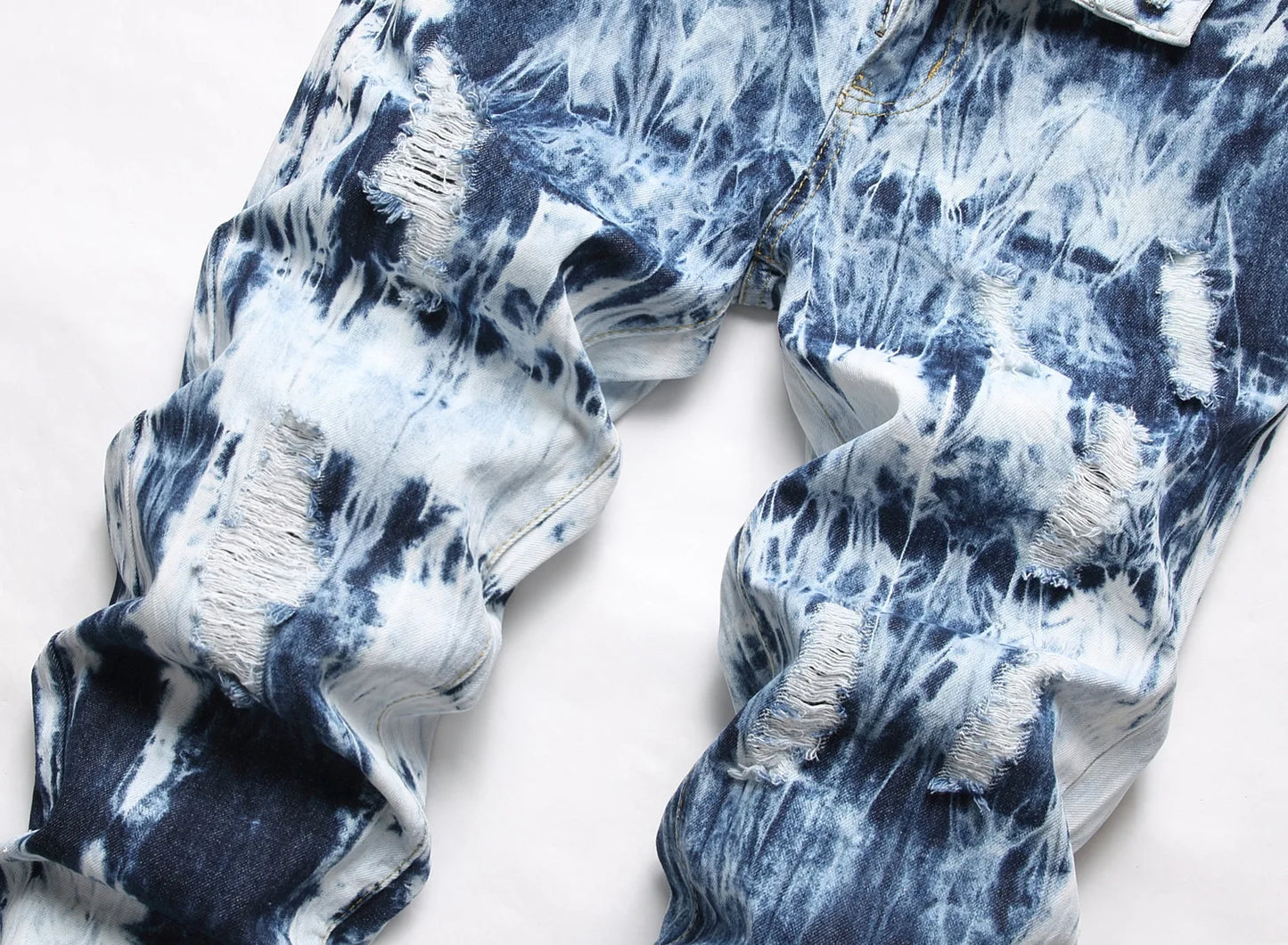 Men’s High Quality Tie-dyed Blue Jeans Slim-fit Ripped Jeans