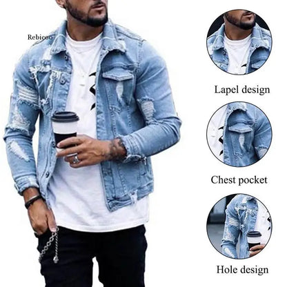 Men Denim Hole Ripped Jeans Jacket