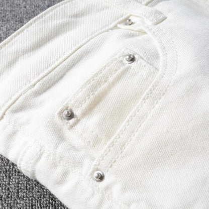 Men's White Crystal Holes Ripped Slim Skinny Jeans