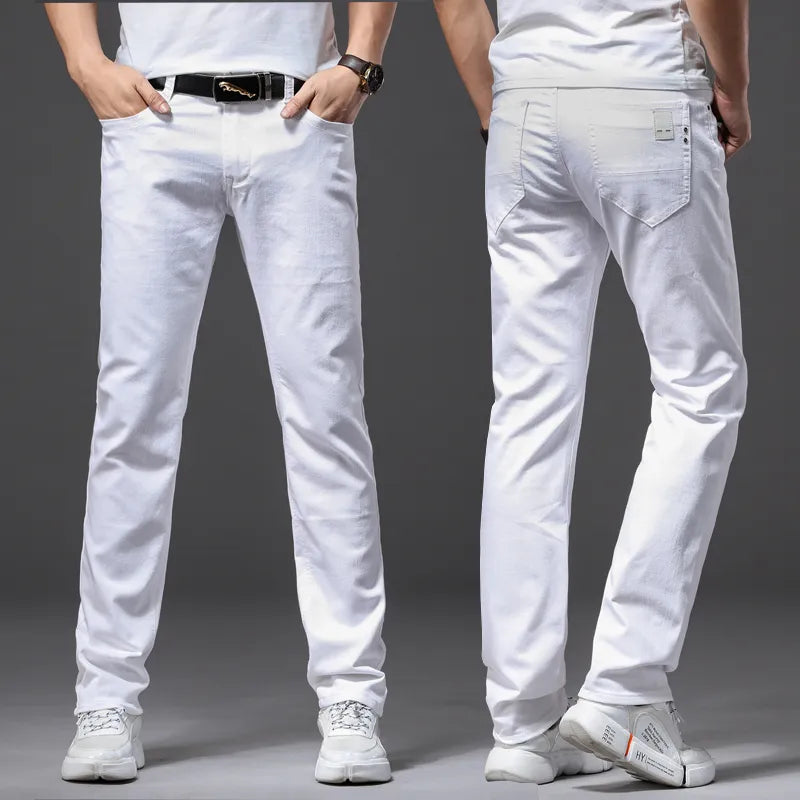 Men White Casual Classic Style Slim Fit Soft Denim