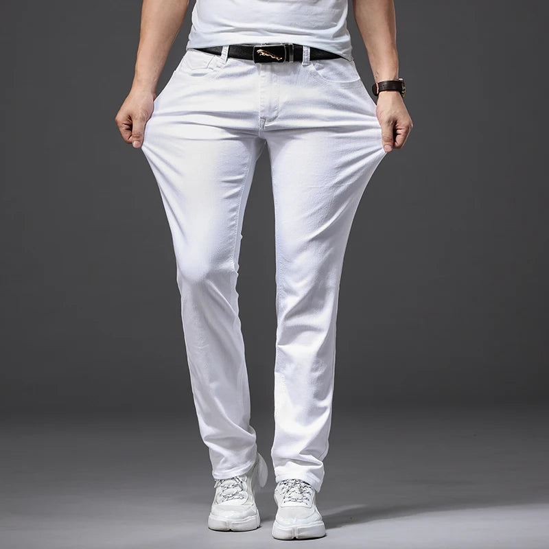 Men White Casual Classic Style Slim Fit Soft Denim