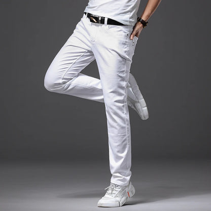Men White Casual Classic Style Slim Fit Soft Denim