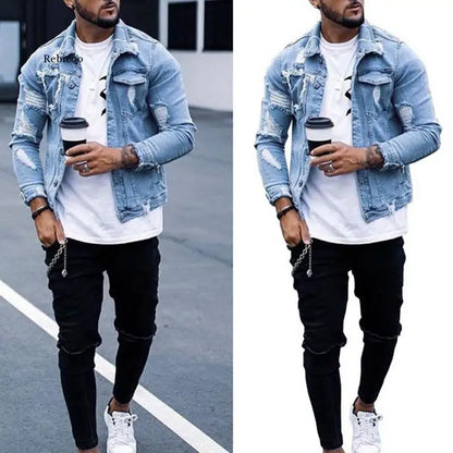 Men Denim Hole Ripped Jeans Jacket