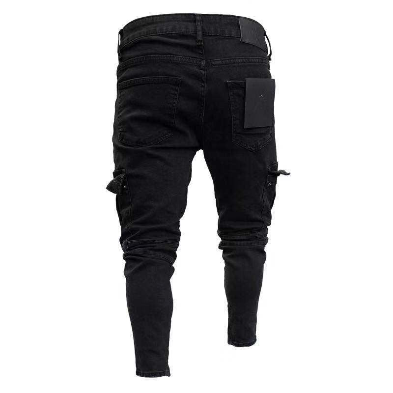 Black Big Side Pockets Stretch Cargo Jeans