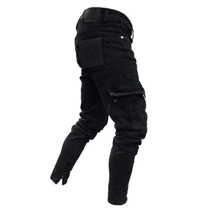 Black Big Side Pockets Stretch Cargo Jeans