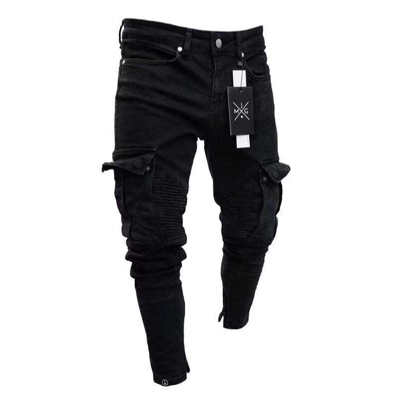 Black Big Side Pockets Stretch Cargo Jeans