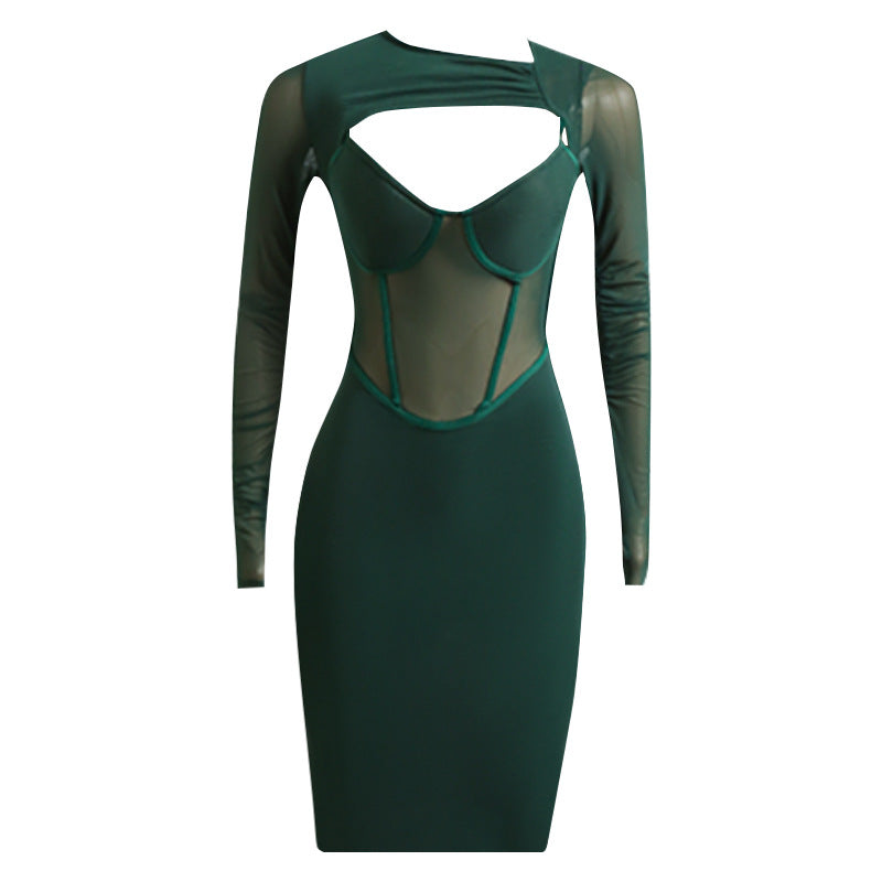 Mesh See-through Sexy Long Sleeve Dress Hollow-out Tight Bandage Dress