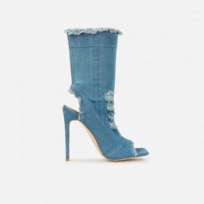 Denim Runway Peep Toe Ankle Boots