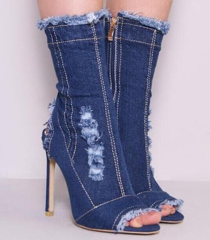 Denim Runway Peep Toe Ankle Boots