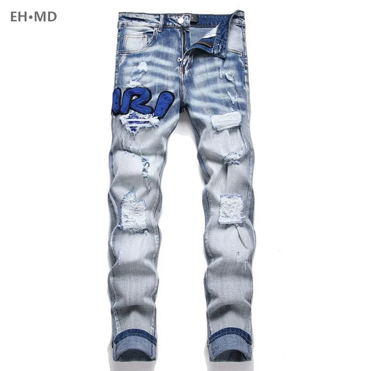 Hand Embroidered Men National Style Pattern Personality Cotton Jeans