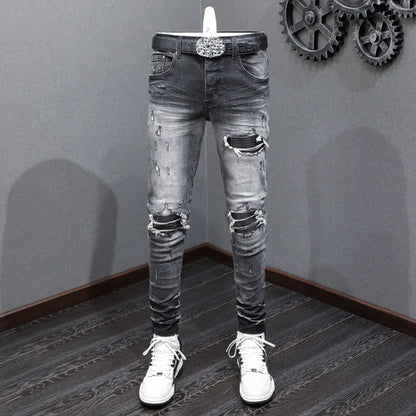 Street Fashion Men Retro Blue Stretch Skinny Ripped Denim Jeans