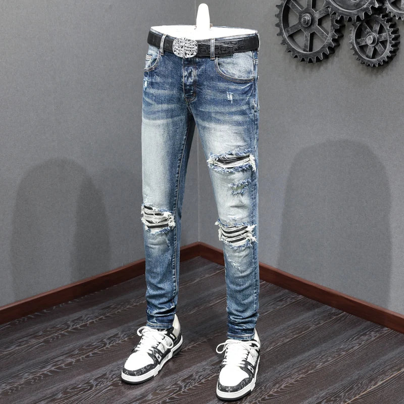 Street Fashion Men Retro Blue Stretch Skinny Ripped Denim Jeans