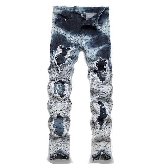 2024 New Embroidered Punk Style Men's Mid-Waist Ripped Jeans