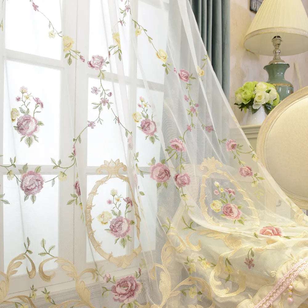 French Velvet Tulle Flower Embroidered Curtains