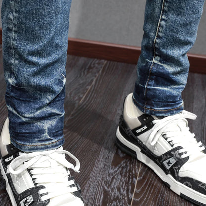 Street Fashion Men Retro Blue Stretch Skinny Ripped Denim Jeans