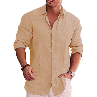 Cotton Linen Men's Long Sleeve Shirt Solid Color