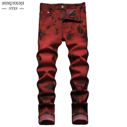 Brand Mens High Quality Slim Tie dye Snow Wash Brick Red Denim