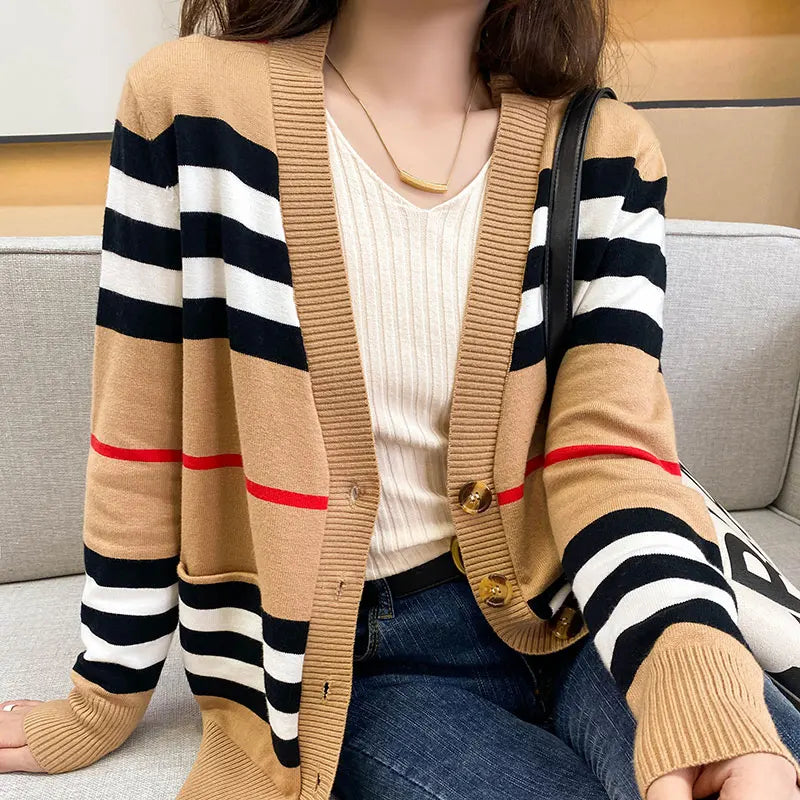 Plaid Cardigan Knitted Cashmere Sweater