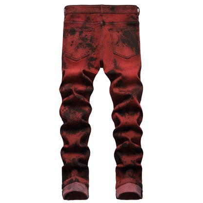 Brand Mens High Quality Slim Tie dye Snow Wash Brick Red Denim