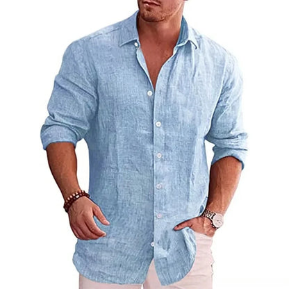 Cotton Linen Men's Long Sleeve Shirt Solid Color