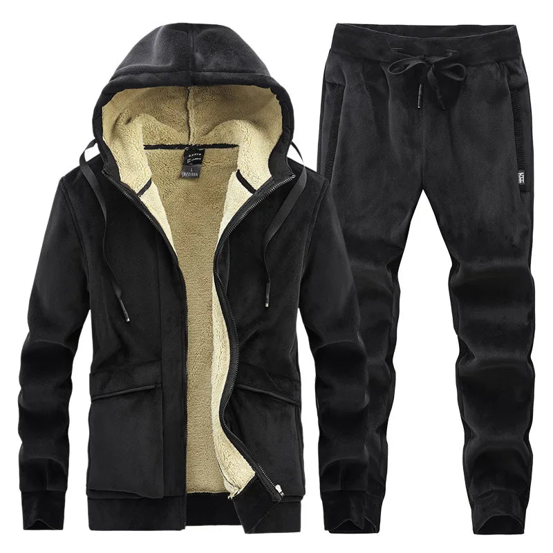 Male Thick Fleece Hooded Sport Zipper Tracksuit