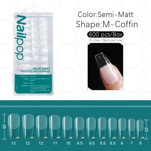 Nailpop 600pcs PRO Fake Nails Semi-Matte Almond Coffin Full/Half