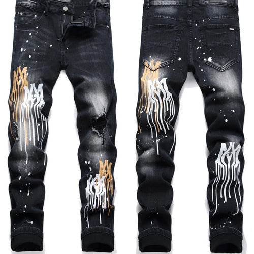 Hand Embroidered Men National Style Pattern Personality Cotton Jeans